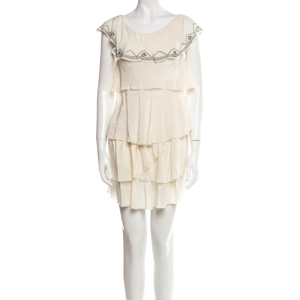 Magali Pascal Cream Silk Tiered Ruffle Embroidered Mini Dress Small Off Shoulder